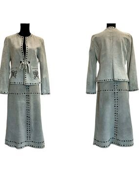 Sandra Angelozzi gray taupe suede butterfly grommet blazer midi pencil skirt set